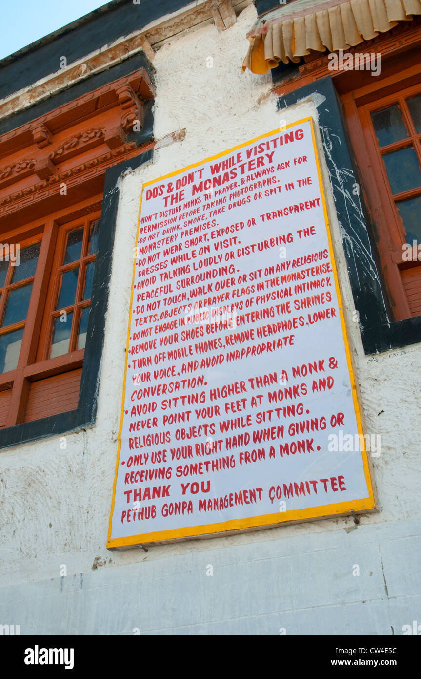 Do's and Don't While Visiting the Monastery sign at Spituk Monastery or Pethup Gompa a Buddhist monastery Leh, Ladakh, India Stock Photo