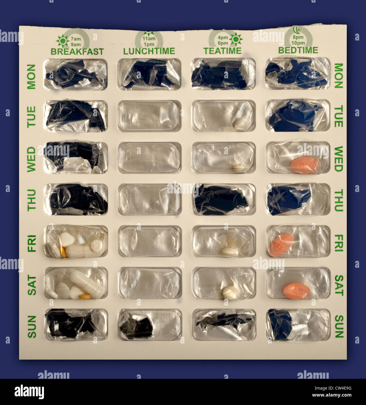 Prescription tablets in a day/time dispenser. Empty slots show that the patient has not taken the tablets in the correct order because of confusion. Stock Photo