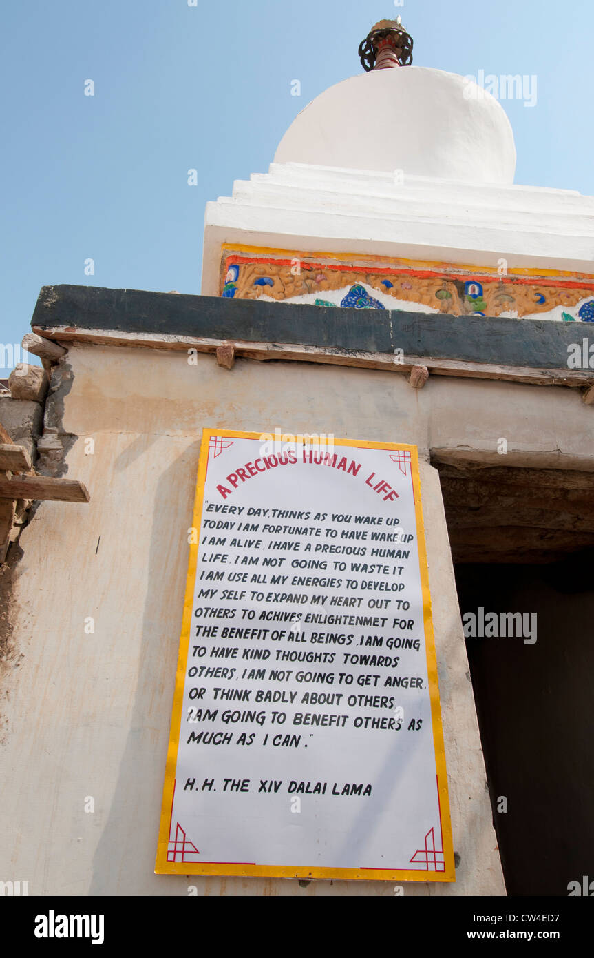 A Precious Human Life, a writing by the Dalai Lama on how to lead a full life on the wall of a temple in Leh, Ladakh, India Stock Photo