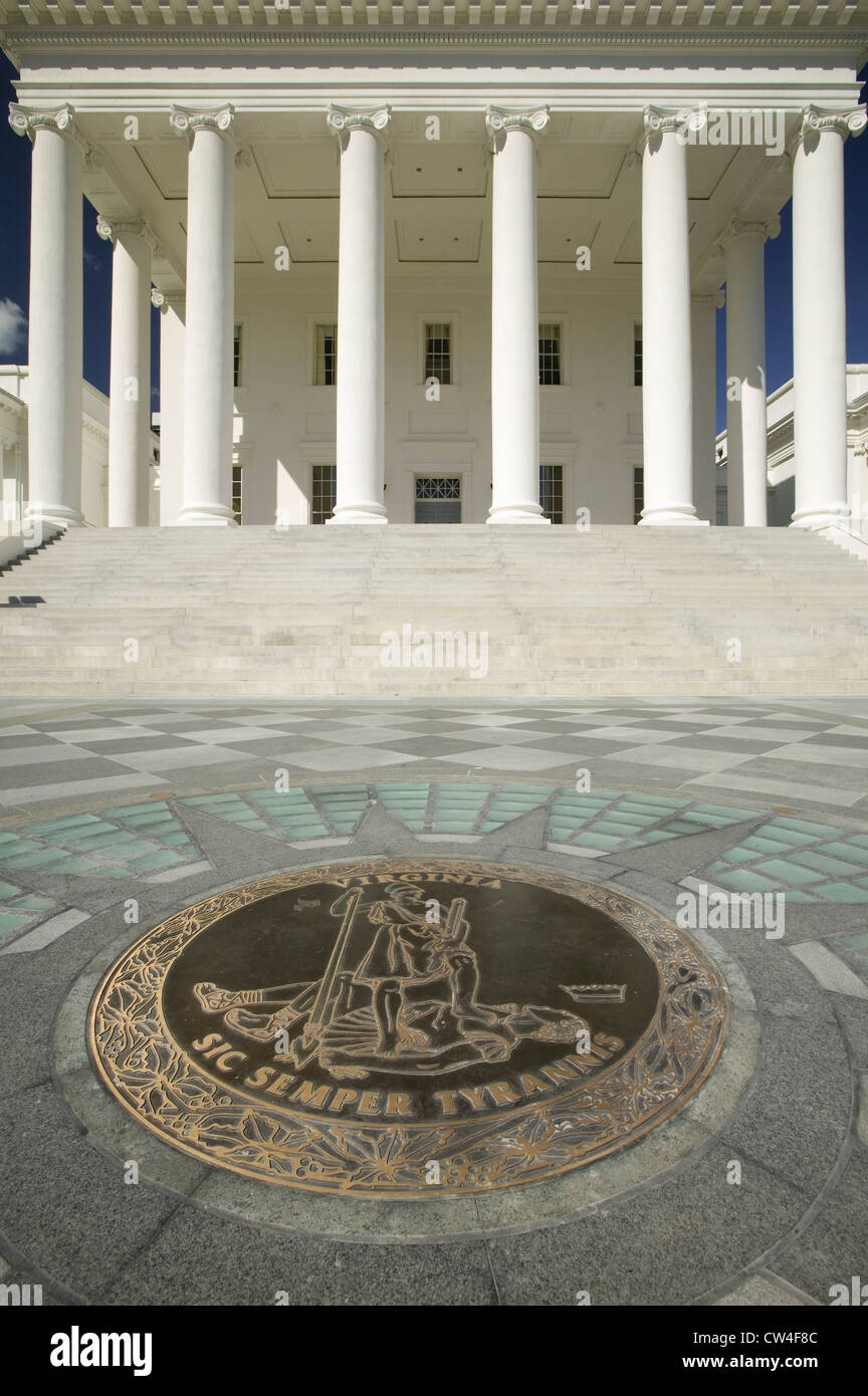 The 2007 restored Virginia State Capitol and State Seal Virginia designed by Thomas Jefferson who was inspired by Greek and Stock Photo