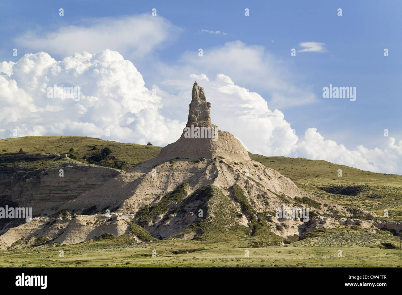 Chimney Rock National Historic Site, Nebraska, the most famous site on the Oregon Trail for early settlers and pioneers. Stock Photo