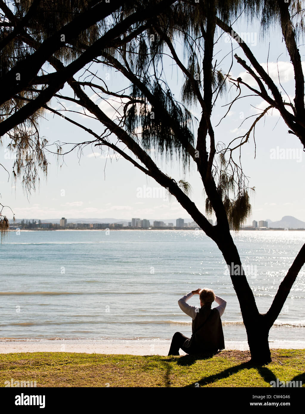 A man sitting in the shade of a tree on Mooloolaba Beach on the Sunshine Coast in Queensland Australia Stock Photo