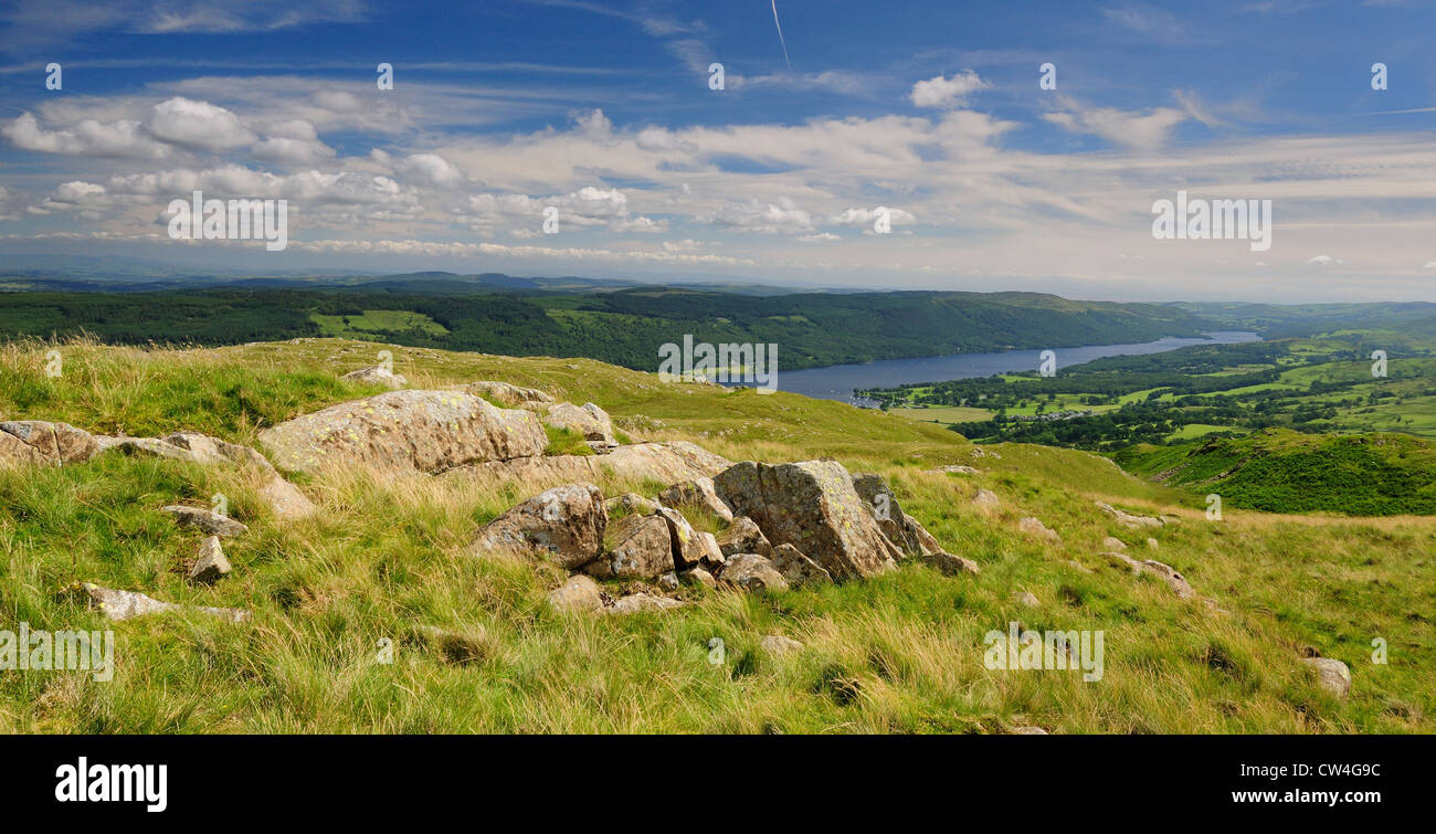 English Lake District summer panorama. View from Kitty Crag over Coniston Water Stock Photo