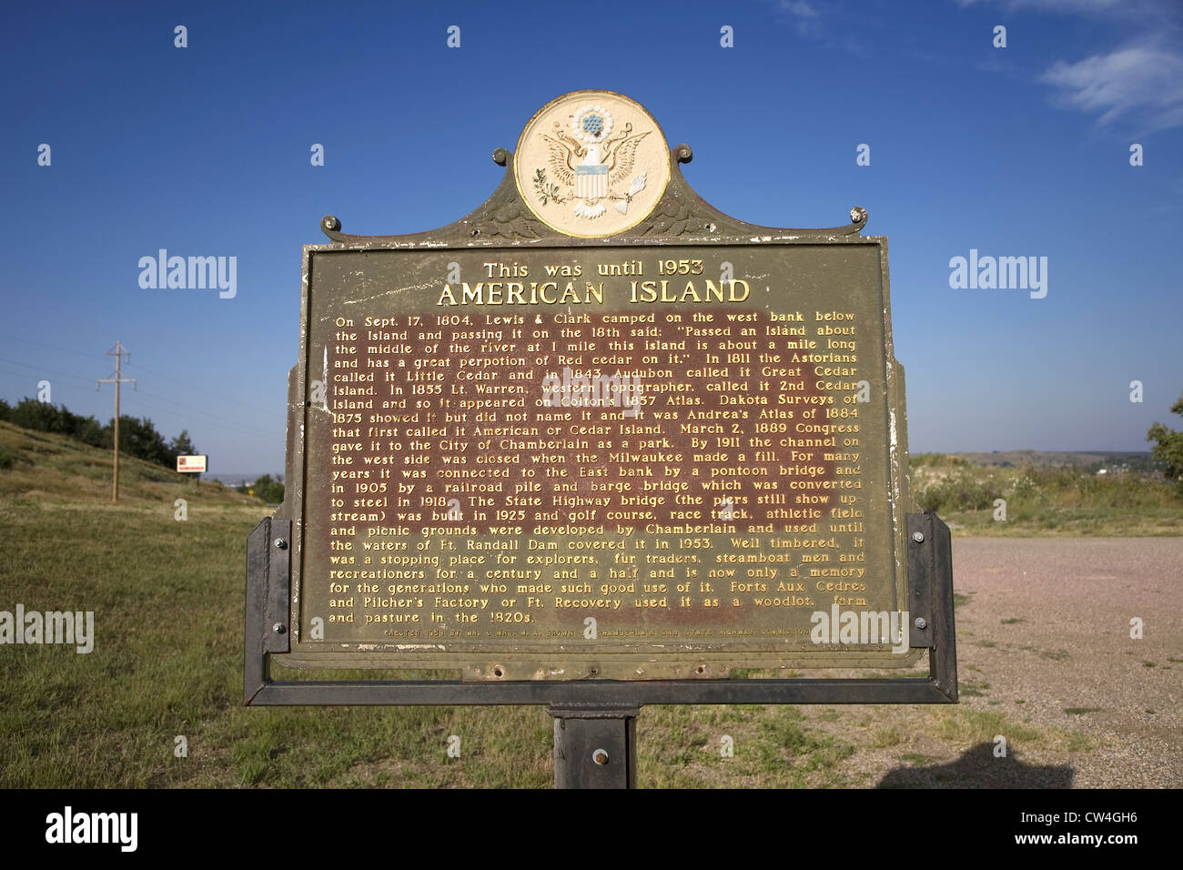 State sign for American Island, a place on the Missouri River where