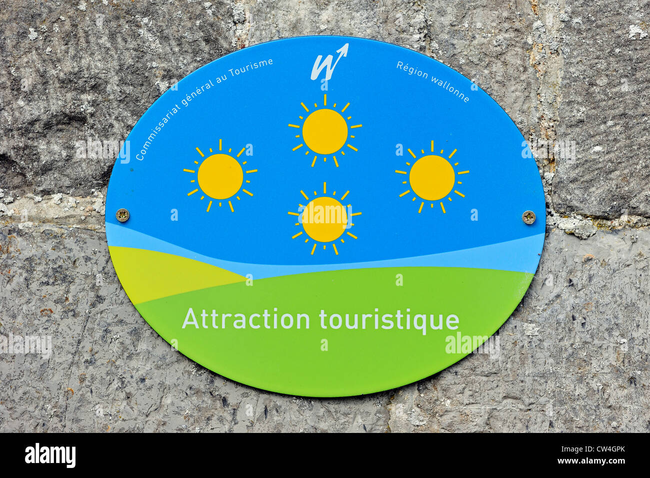 Shield with logo of tourism place of interest / tourist attraction in Wallonia, Belgium Stock Photo