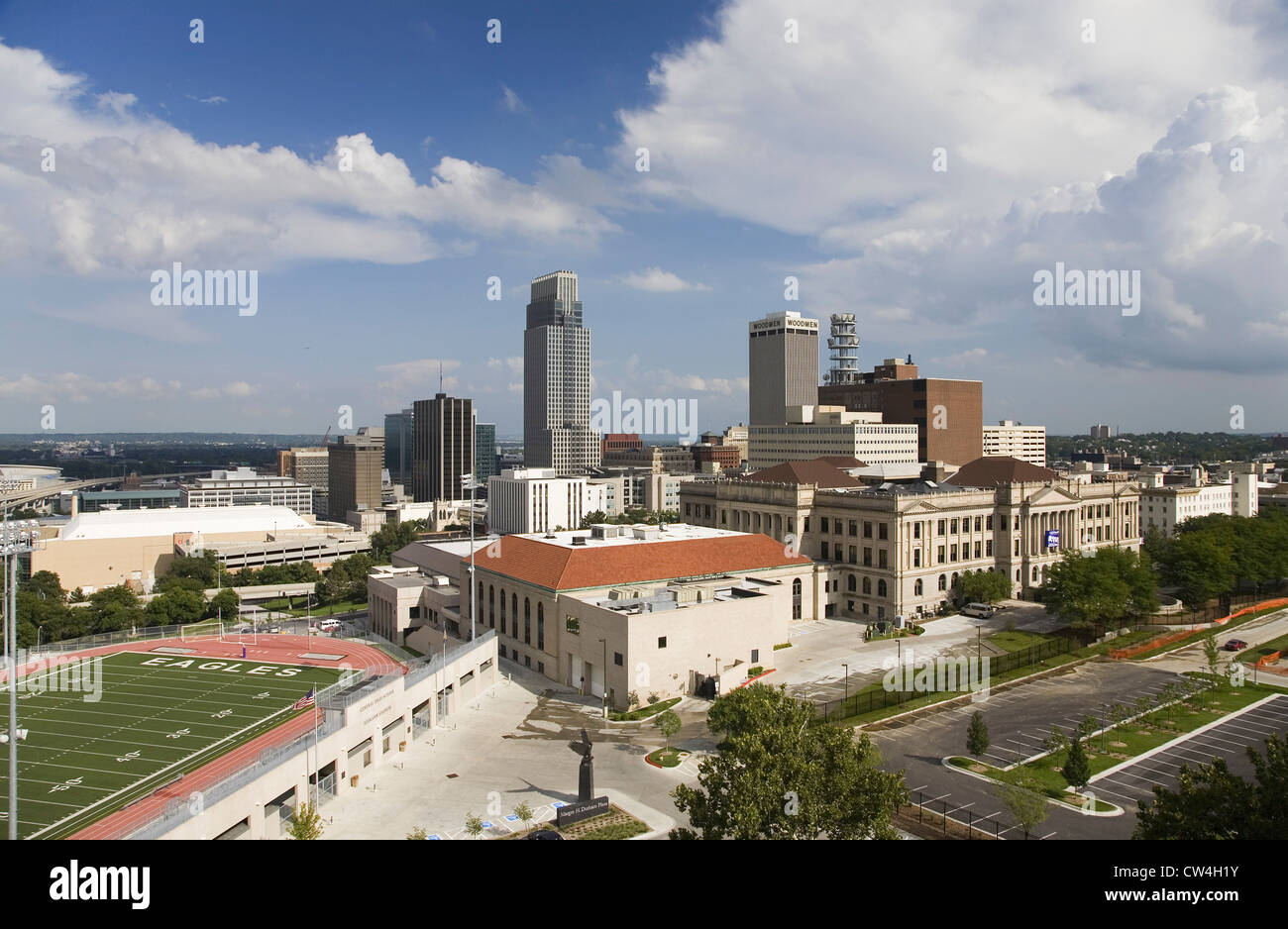 Aerial view of Omaha Nebraska skyline with view of Creighton University