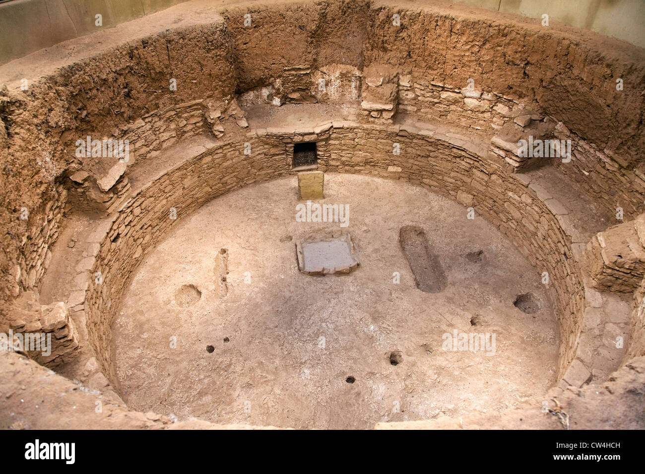 Fire Pit Of Kiva In Covered Dig At Mesa Verde National Park Stock