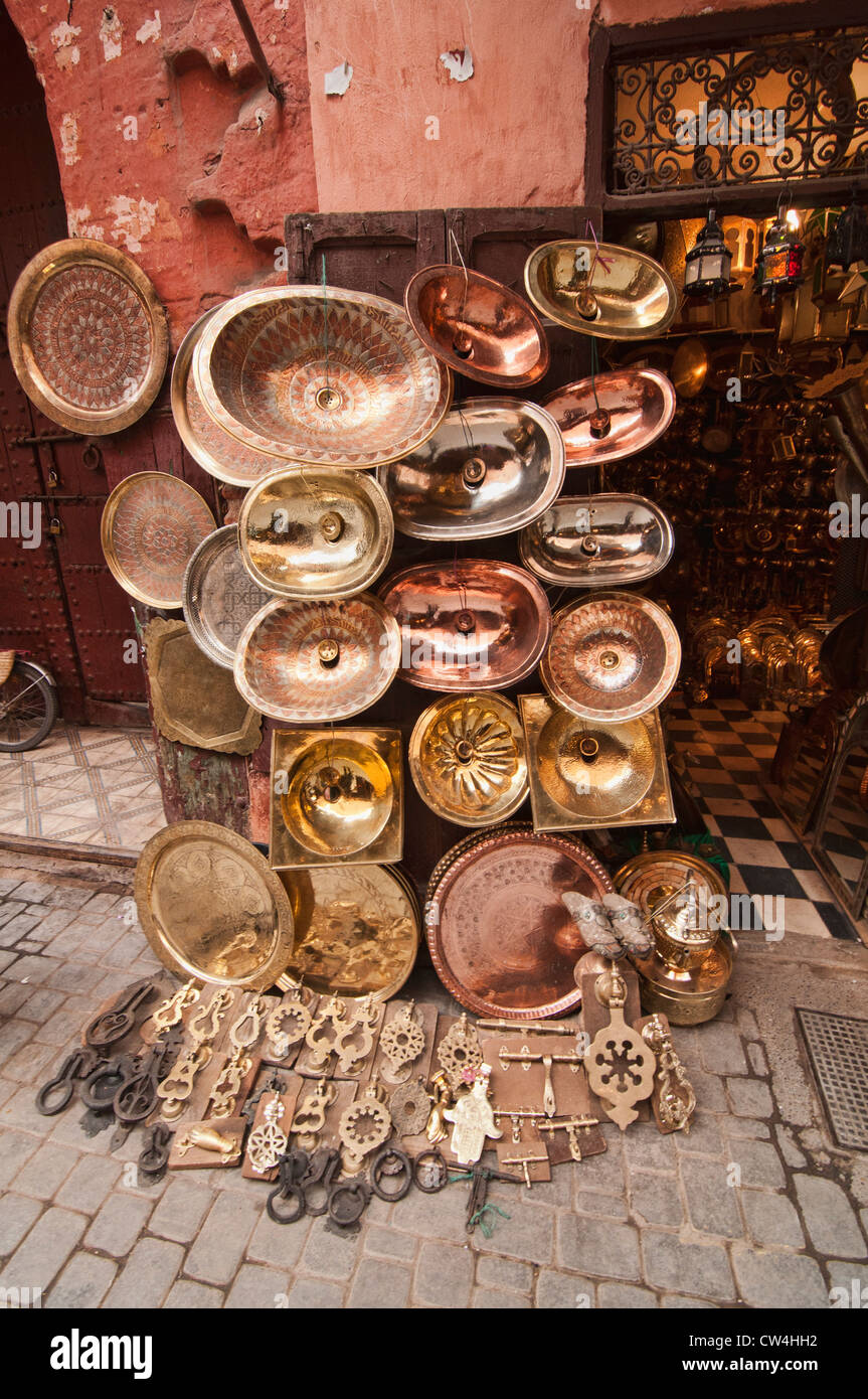 brass for sale in the ancient medina in Marrakech, Morocco Stock Photo