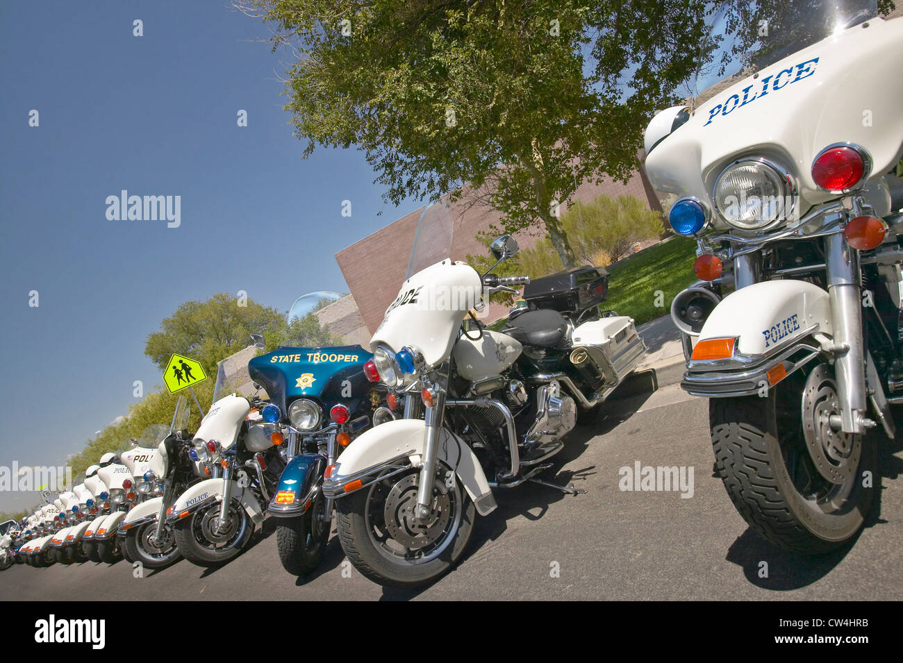 Unmanned police motorcycles parked in front of Valley View Rec Center, Henderson, NV Stock Photo