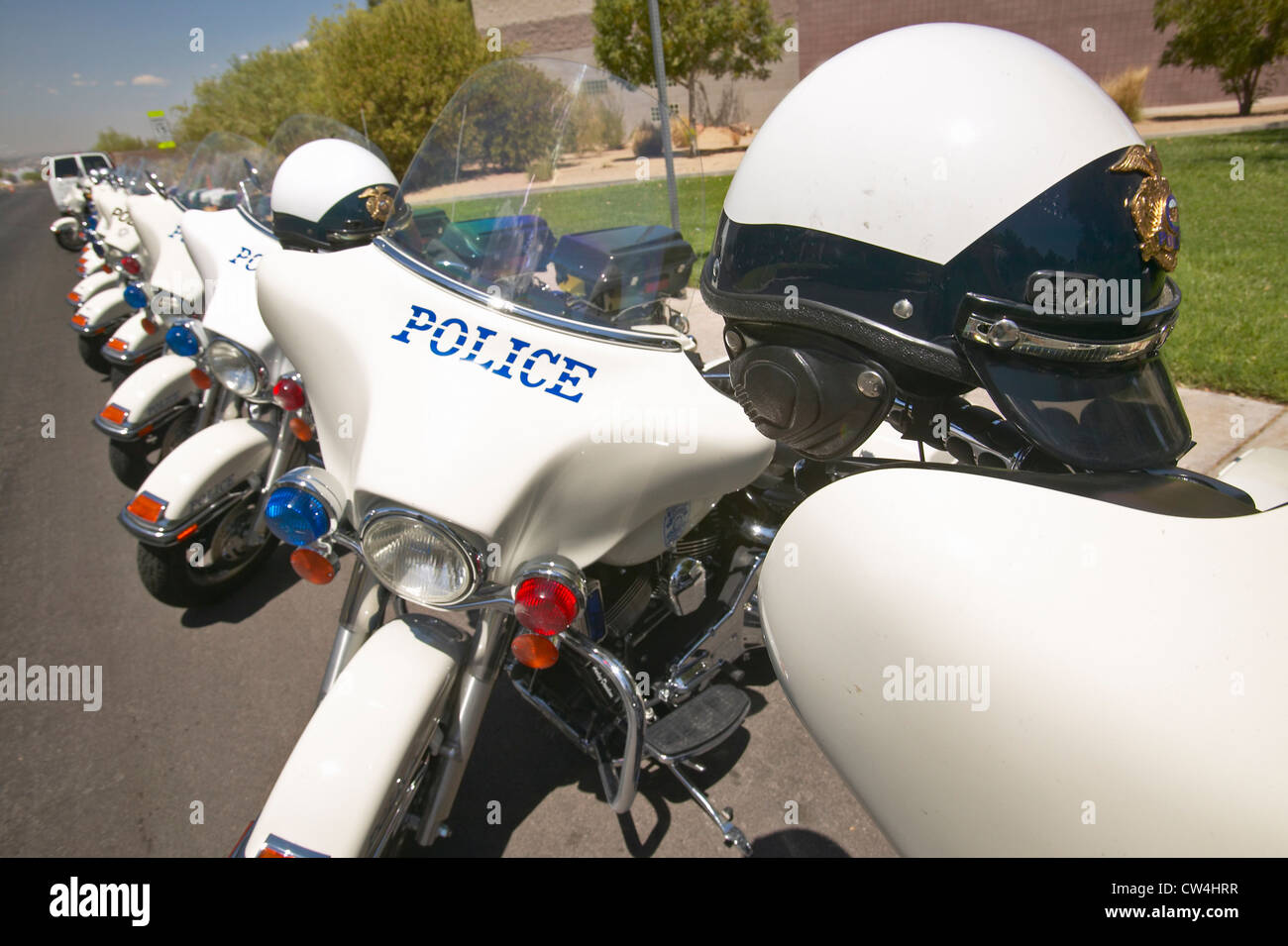 Unmanned police motorcycles parked in front of Valley View Rec Center, Henderson, NV Stock Photo