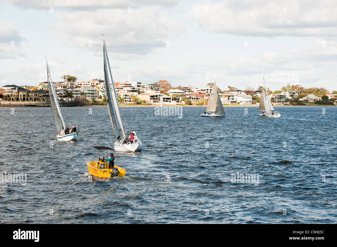 Swan River Western Australia - Sailboats racing on the Swan River in Perth, Western Australia. Stock Photo