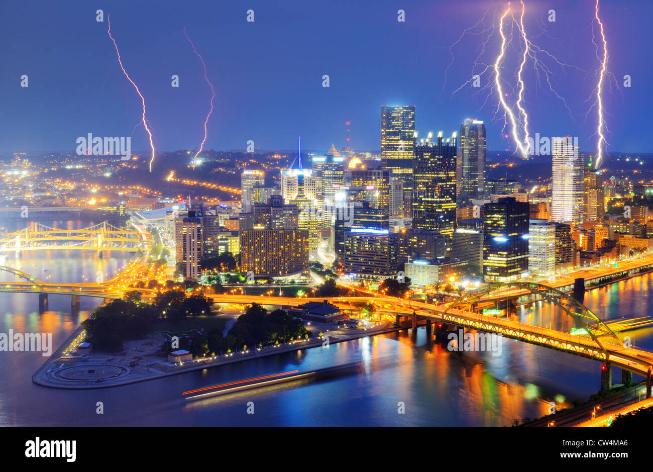 Lightning among skyscrapers in downtown Pittsburgh Pennsylvania, USA. Stock Photo