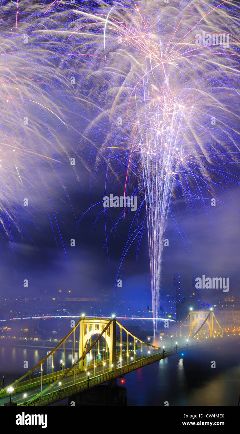 Fireworks on the Allegheny river in downtown Pittsburgh, Pennsylvania