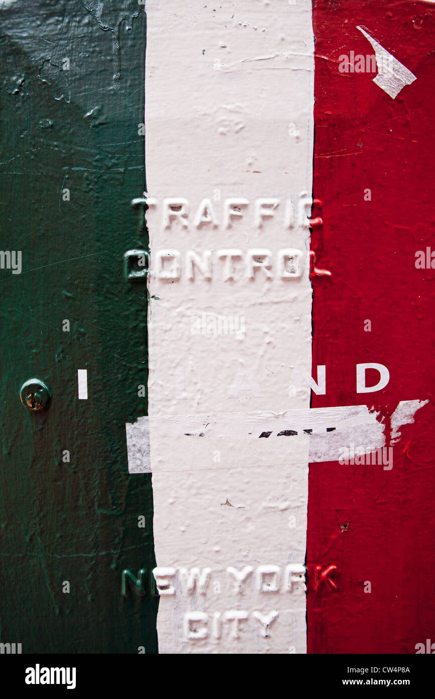 A traffic control box painted to look like an Italian flag in Little Italy, New York, Stock Photo