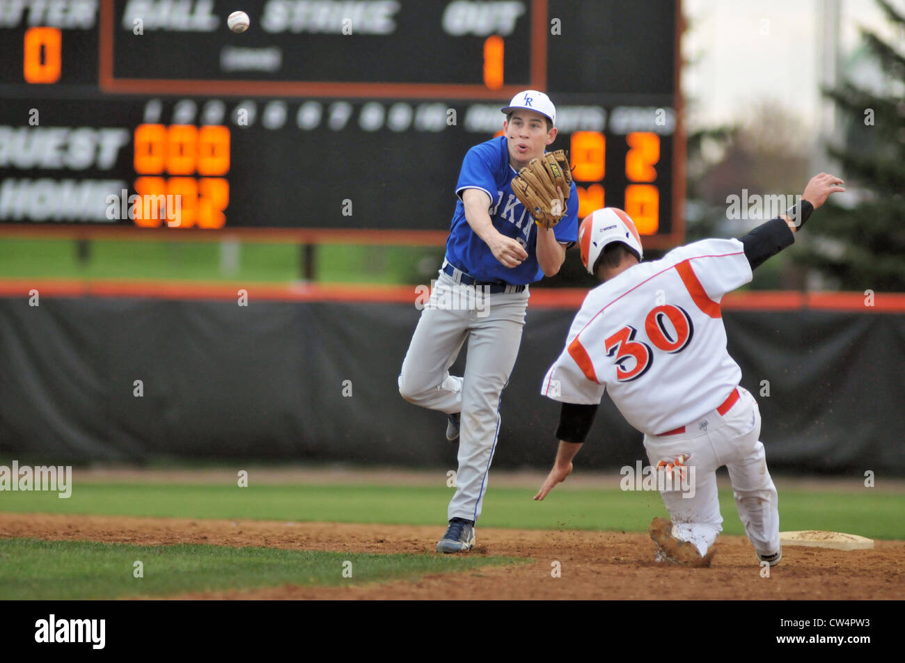 Second baseman throws ball to first base to complete a double play
