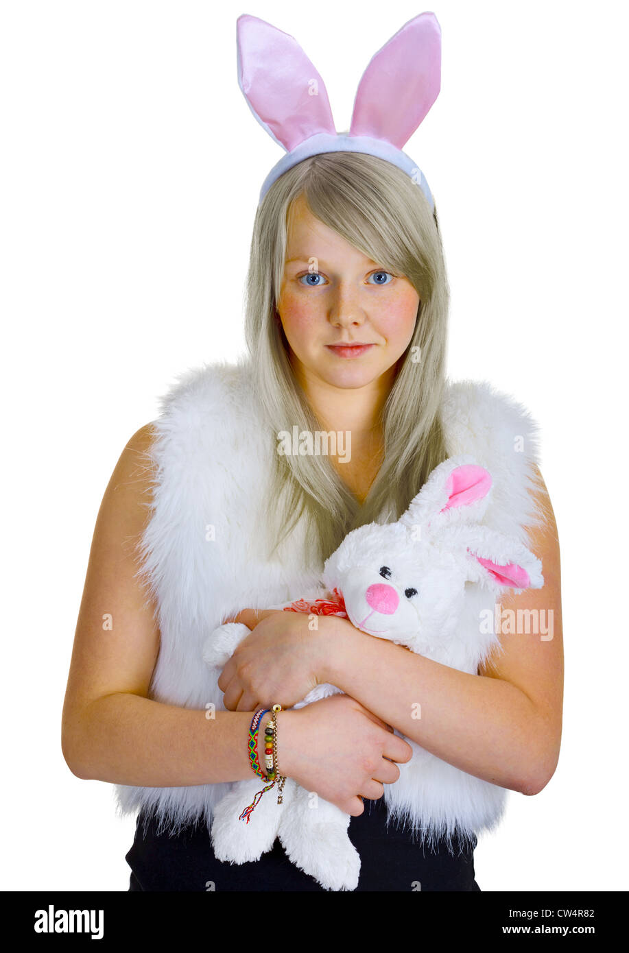A young blonde in a fancydress with toy rabbit isolated on white