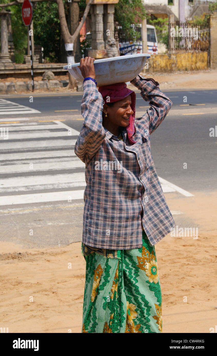 Hard working Indian Women in Construction field of India.Roadside worker women Scene from Tamil Nadu,India Stock Photo