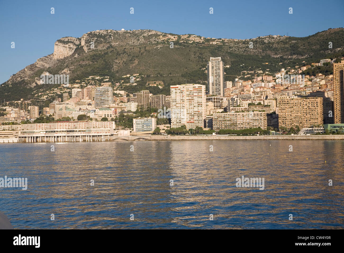 Seaside view of Monte-Carlo and skyline, the Principality of Monaco, Western Europe on the Mediterranean Sea Stock Photo