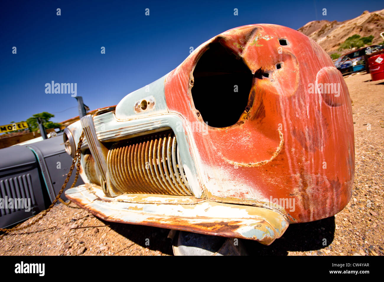 BEATTY, NV - MAY 5: Junkyard with Vintage car in Beatty Nevada on May 5, 2012. Stock Photo