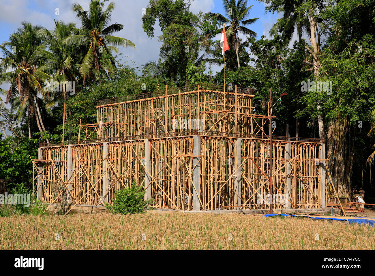Bamboo Scaffolding being used for building. Near Ubud, Bali, Indonesia Stock Photo