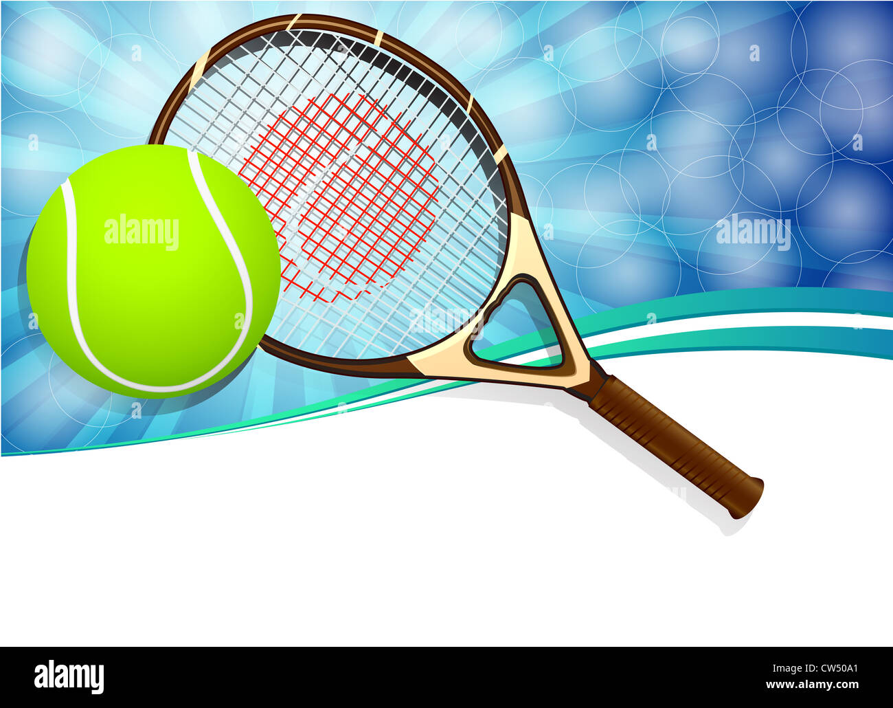 Tennis balls and racquet on blue background with copy space Stock Photo