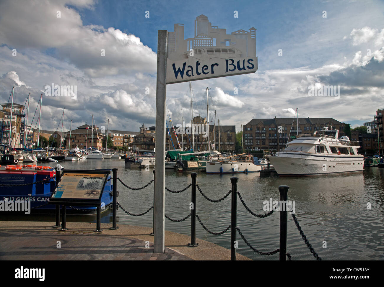 Water Bus sign in Limehouse Marina which connects the River Lee (via the Limehouse Cut), the Regents Canal and the River Thames. Stock Photo