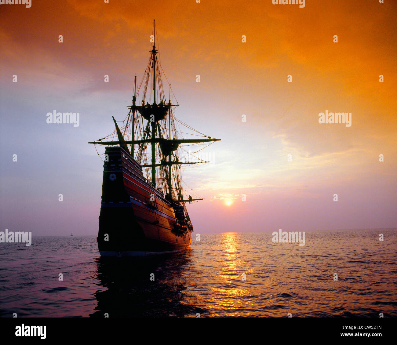 Mayflower II replica at sunset, Massachusetts Stock Photo