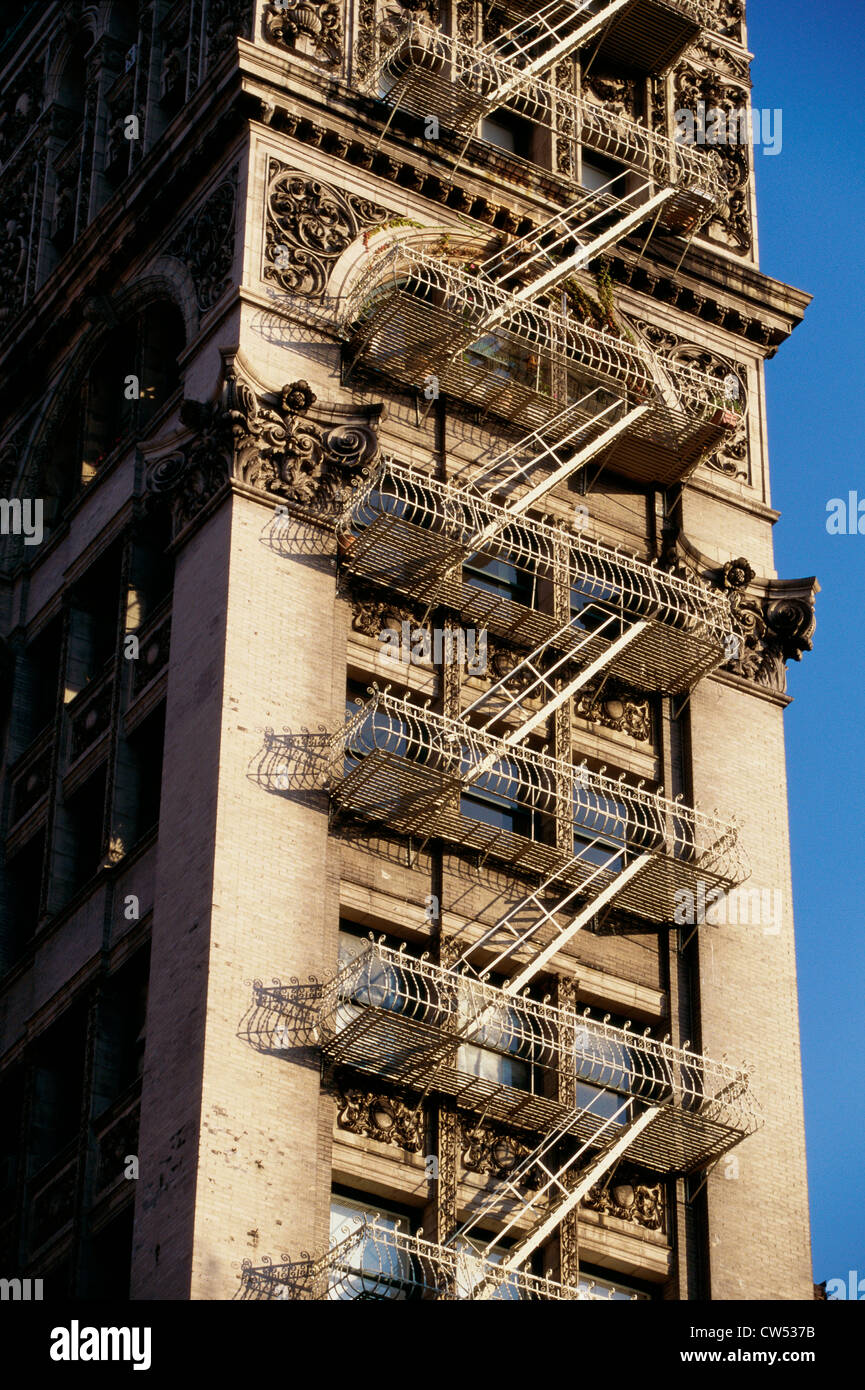 Low angle view of fire escapes on a building, New York City, New York, USA Stock Photo