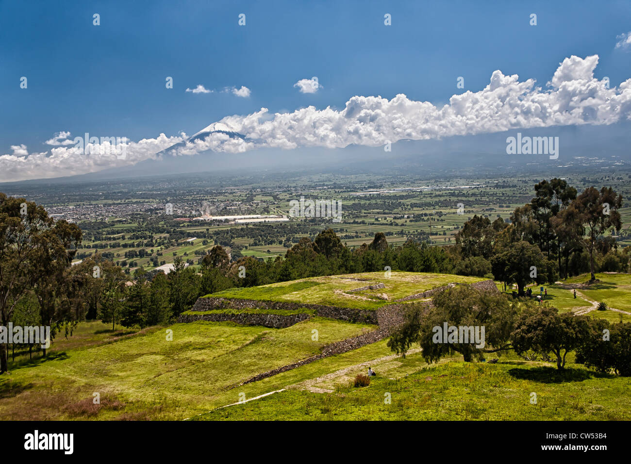 Xochitecatl archaeological site with Mt. Popocatepetl in background in the state of Tlaxcala, Mexico Stock Photo