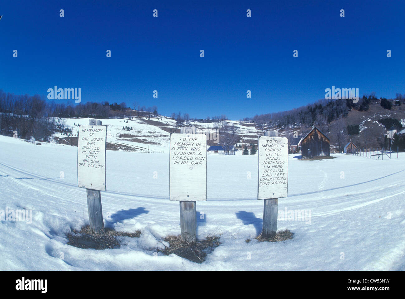 Gun safety slogan memorial, VT Stock Photo