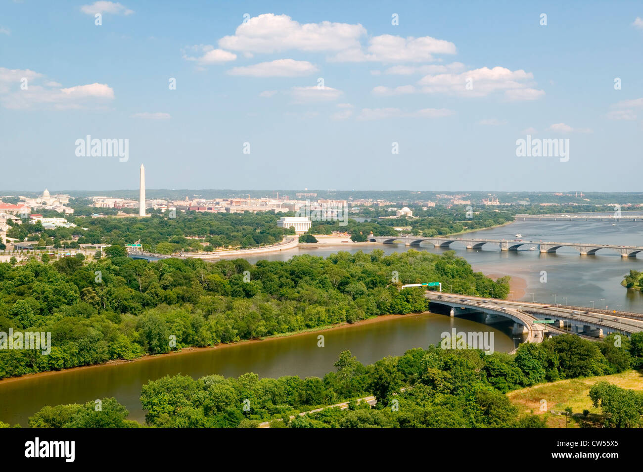 Washington D.C. aerial view with US Capitol, Washington Monument, Lincoln Memorial and Jefferson Monument and Potomac River Stock Photo