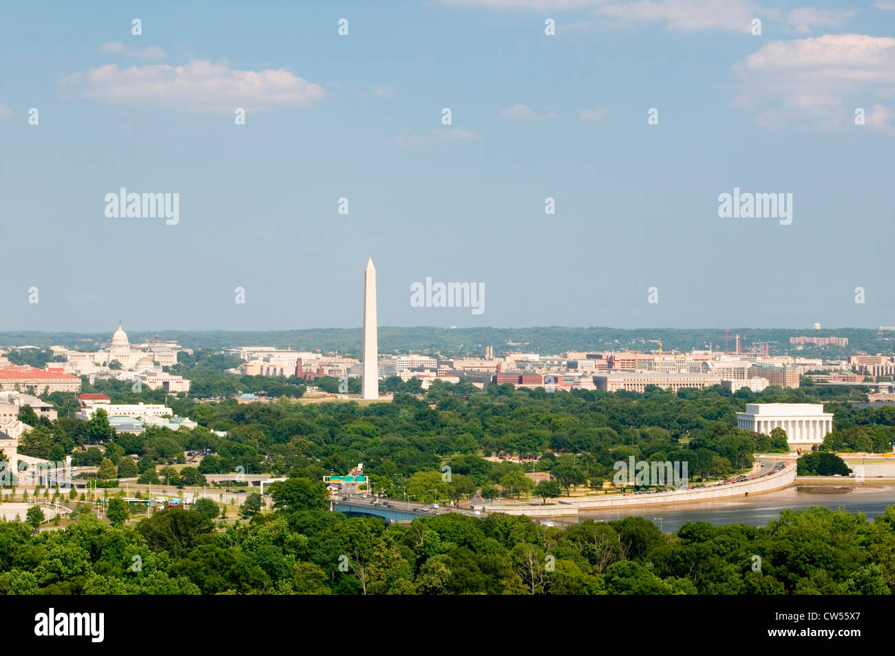 Washington D.C. aerial view with US Capitol, Washington Monument, Lincoln Memorial and Potomac River Stock Photo