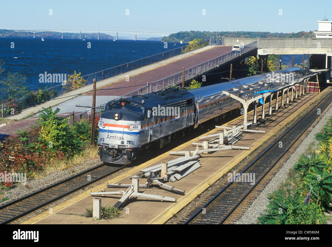 An Amtrak train station along the Hudson River, scenic Route 9G, New
