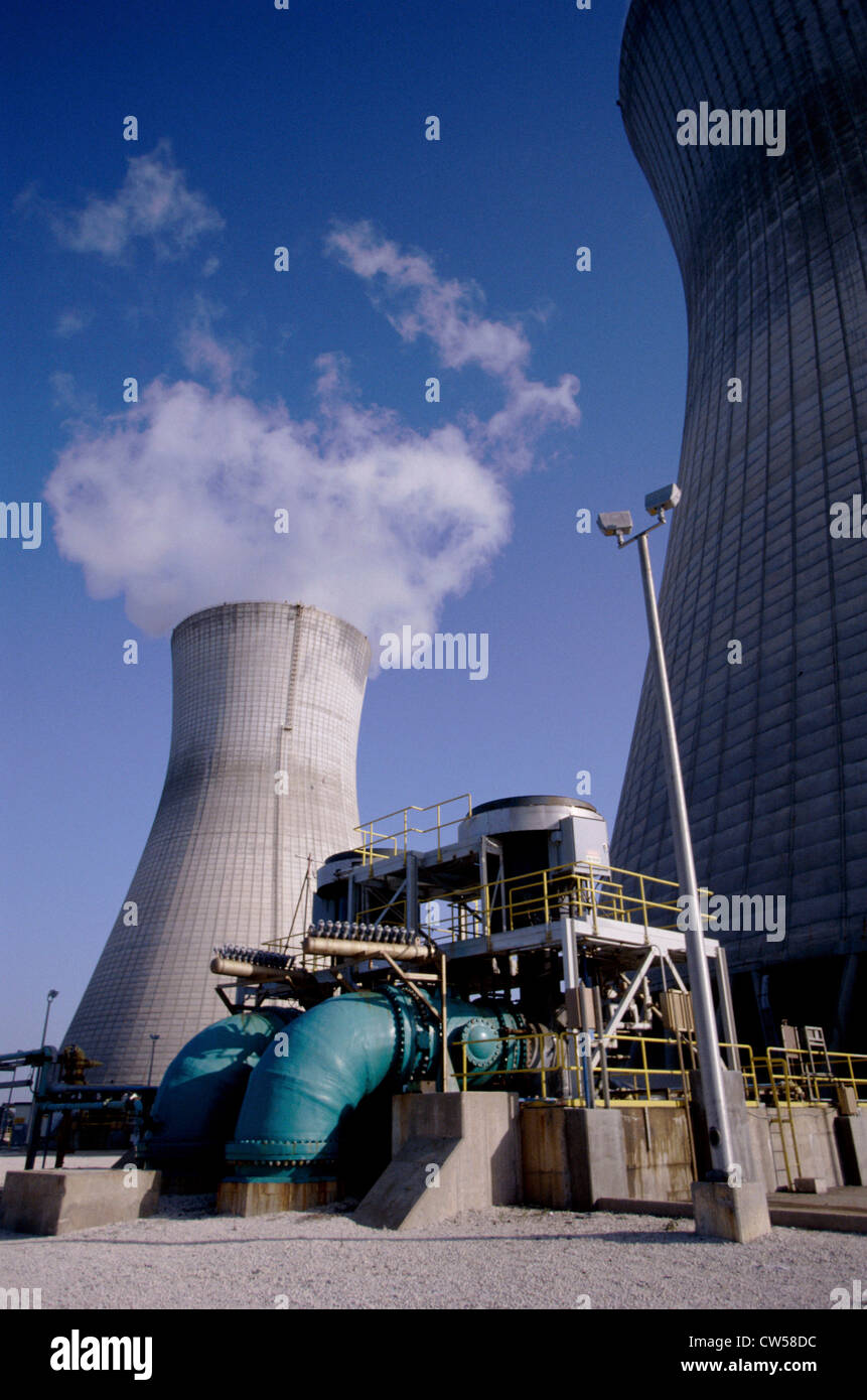 Low angle view of smoke stacks at a power plant Stock Photo