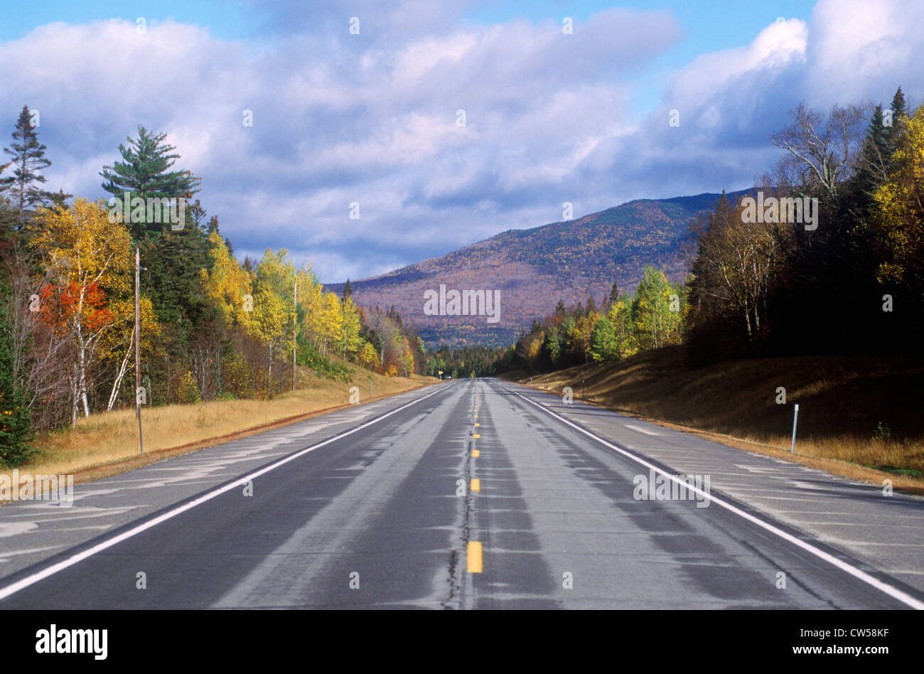 An open road on scenic Route 302 in Crawford Notch, New Hampshire Stock