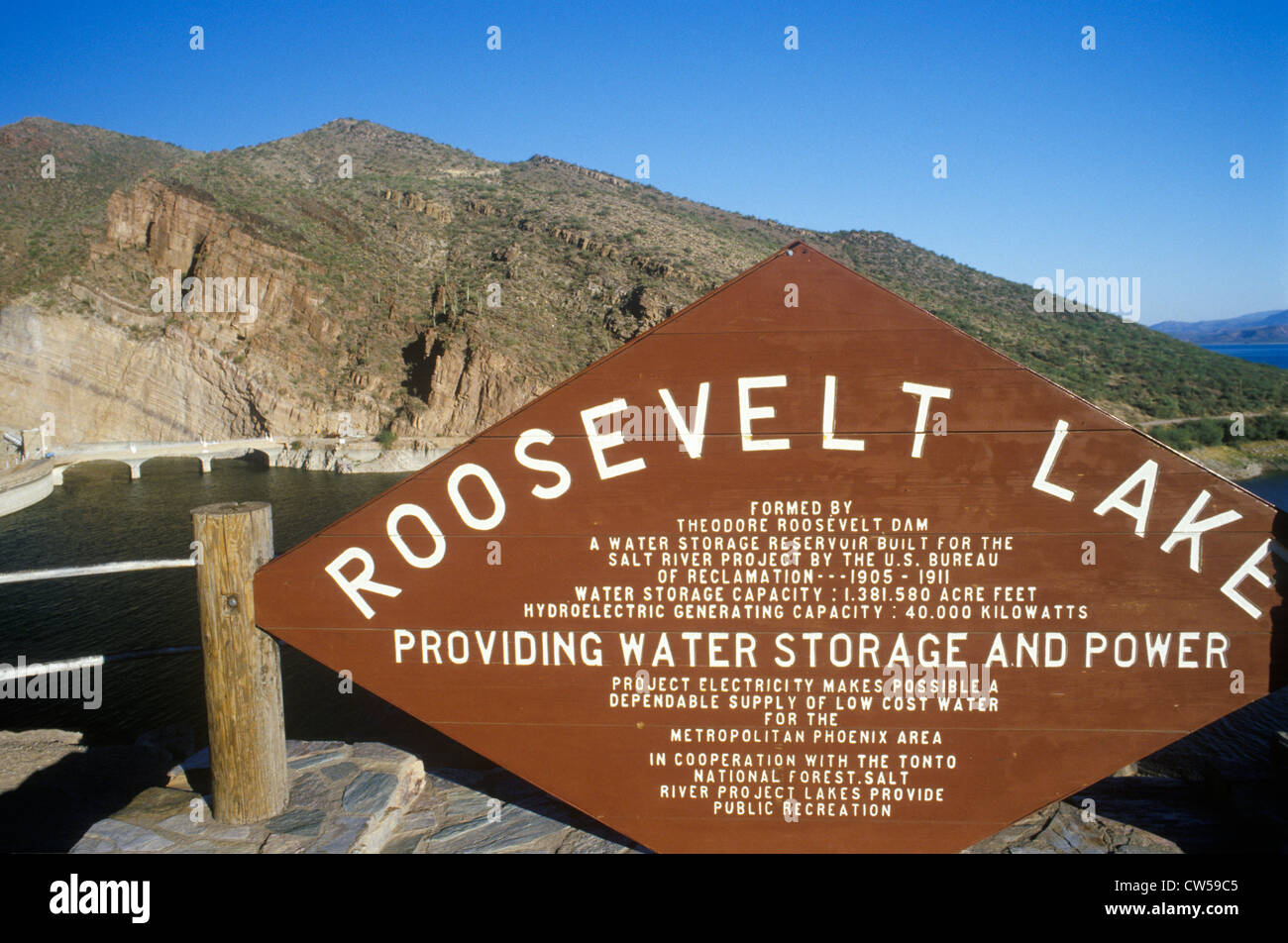 Sign at Theodore Roosevelt Dam at Theodore Roosevelt Lake, AZ Stock