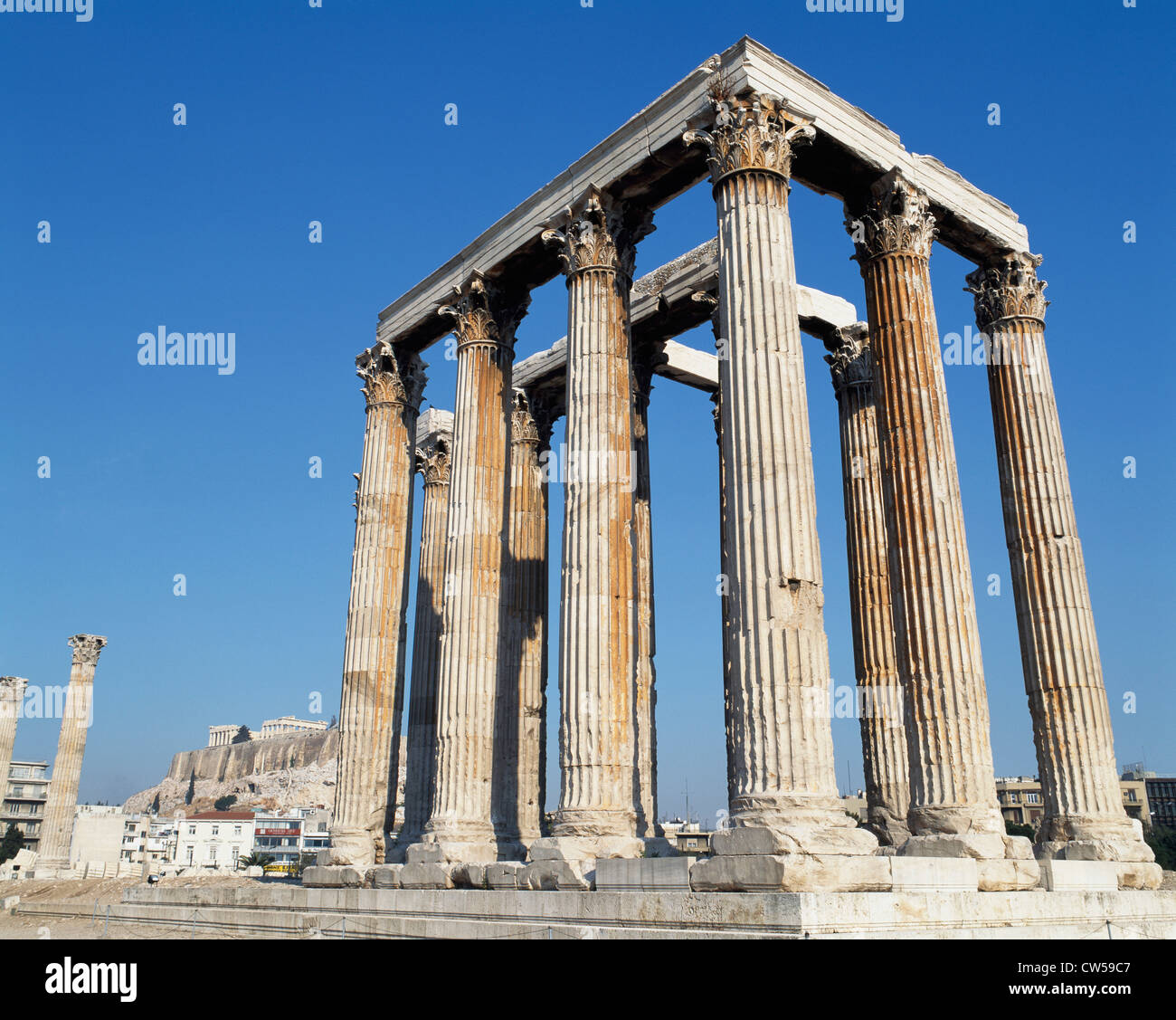 Low angle view of the old ruins of a temple, Temple of Olympian Zeus, Athens, Greece Stock Photo