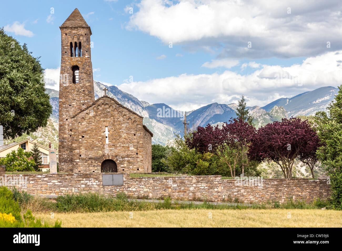 Village Church at Coll de Nargo, in the foothills of the Spanish Pyrenees, Europe. Stock Photo