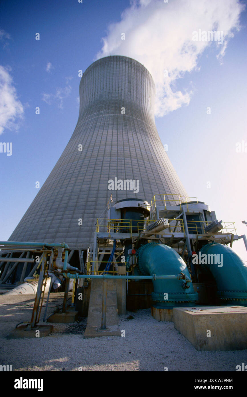Low angle view of a smoke stack at a power plant Stock Photo