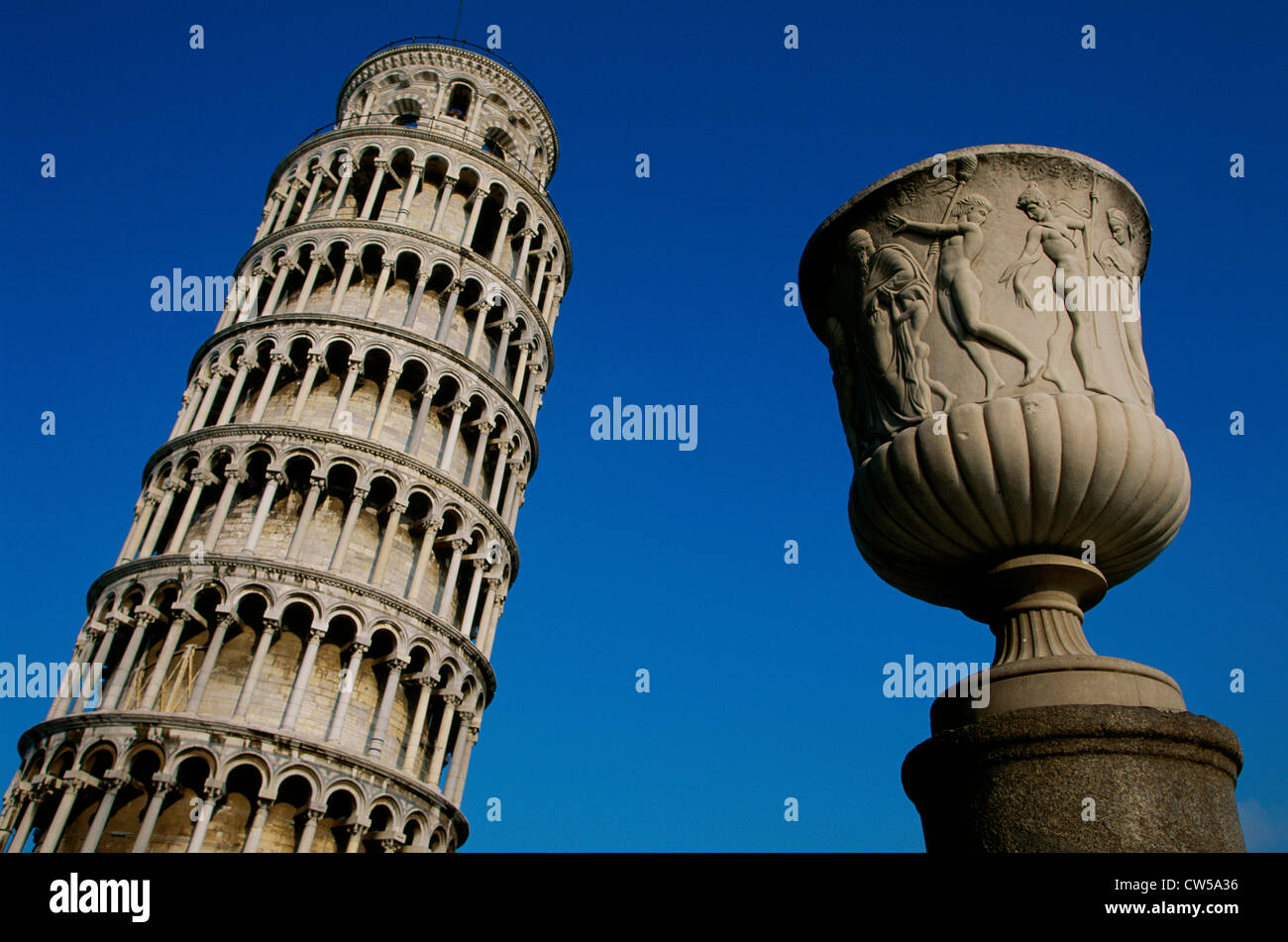 Low angle view of a decorative urn in front of a tower, Leaning Tower, Pisa, Italy Stock Photo