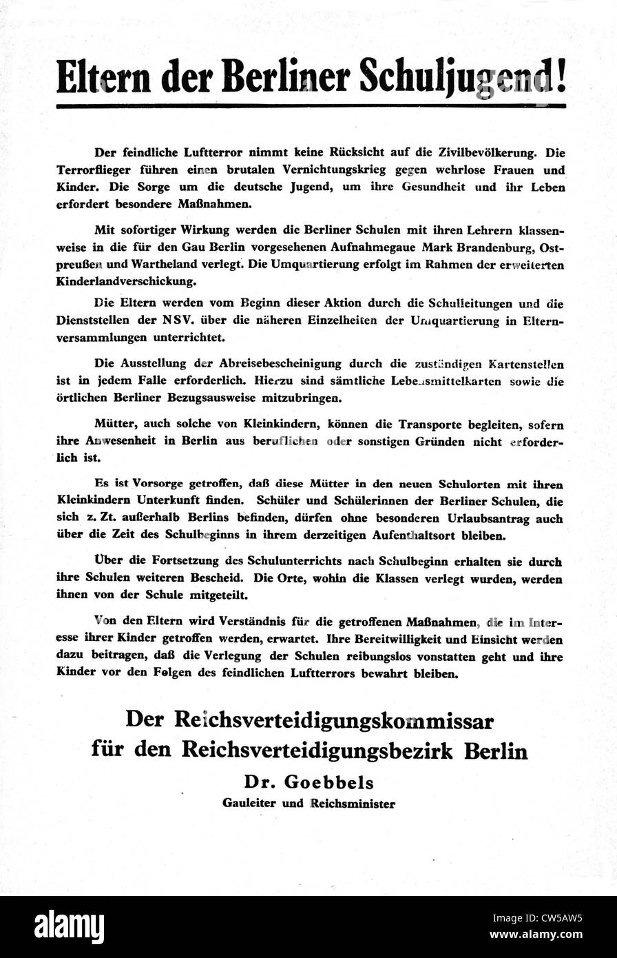 Poster signed Goebbels Allied bombing Berlin adressed to parents children attending school in Berlin advocating hatred Allies Stock Photo