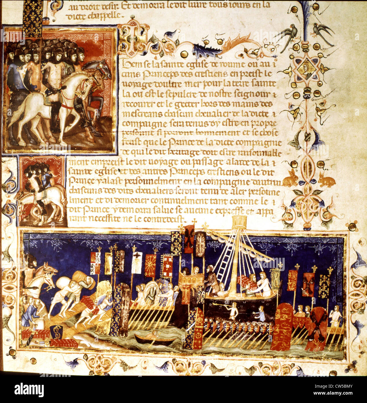 Illuminated manuscript 'Ost' Knights Holy Spirit under banner King France Cargo crusade Stock Photo