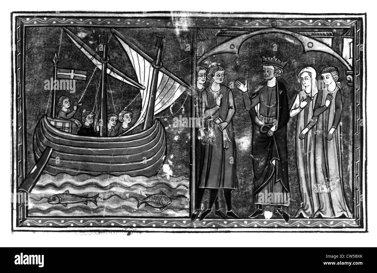 William Tyre 'History Deeds done beyond Sea' Accra ca 1275 f° 125 v° Book 11 chap 1 Bohémond sailing towards France King Philip Stock Photo