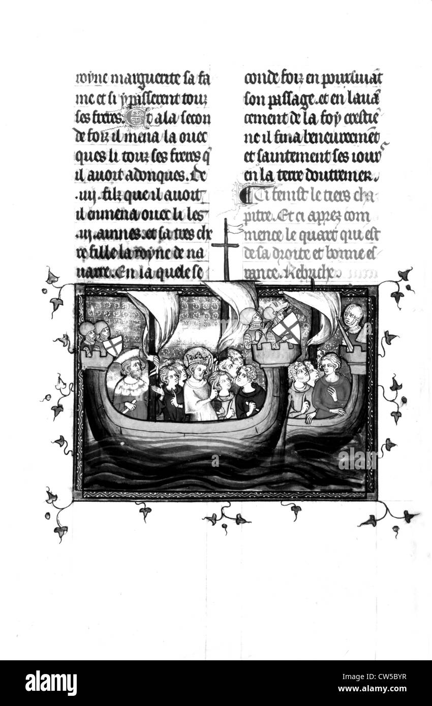 Guillaume de Saint-Pathus 'The Life and Miracles Saint Louis' Crusades f° 40 : Saint Louis and his men leaving crusade on a ship Stock Photo