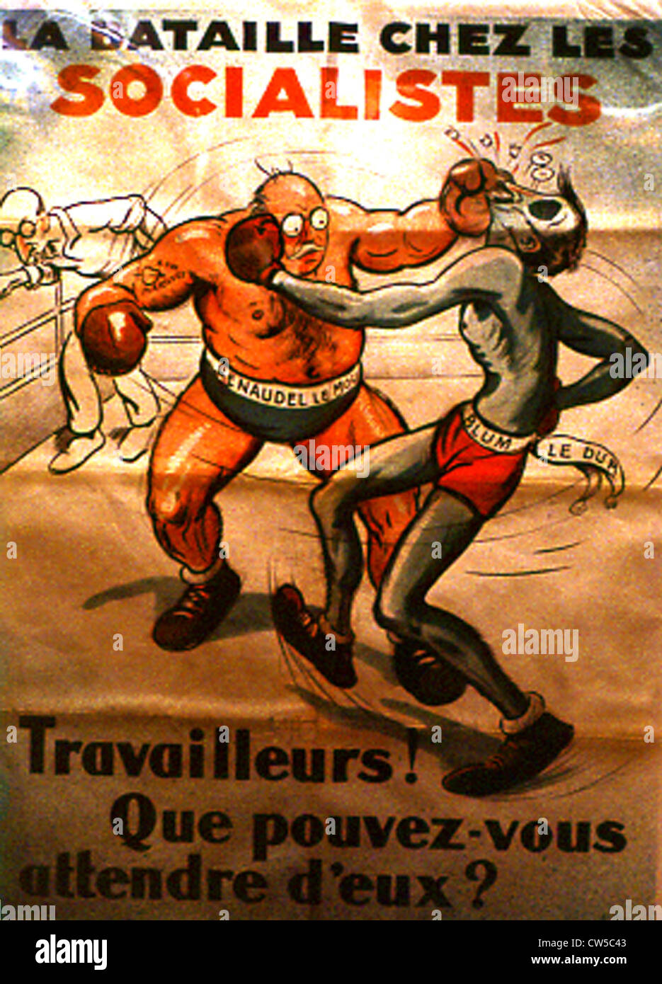 Anti-socialist propaganda poster following exclusion Renaudel from S.F.I.O. : Léon Blum and Renaudel engaged in a boxing match Stock Photo