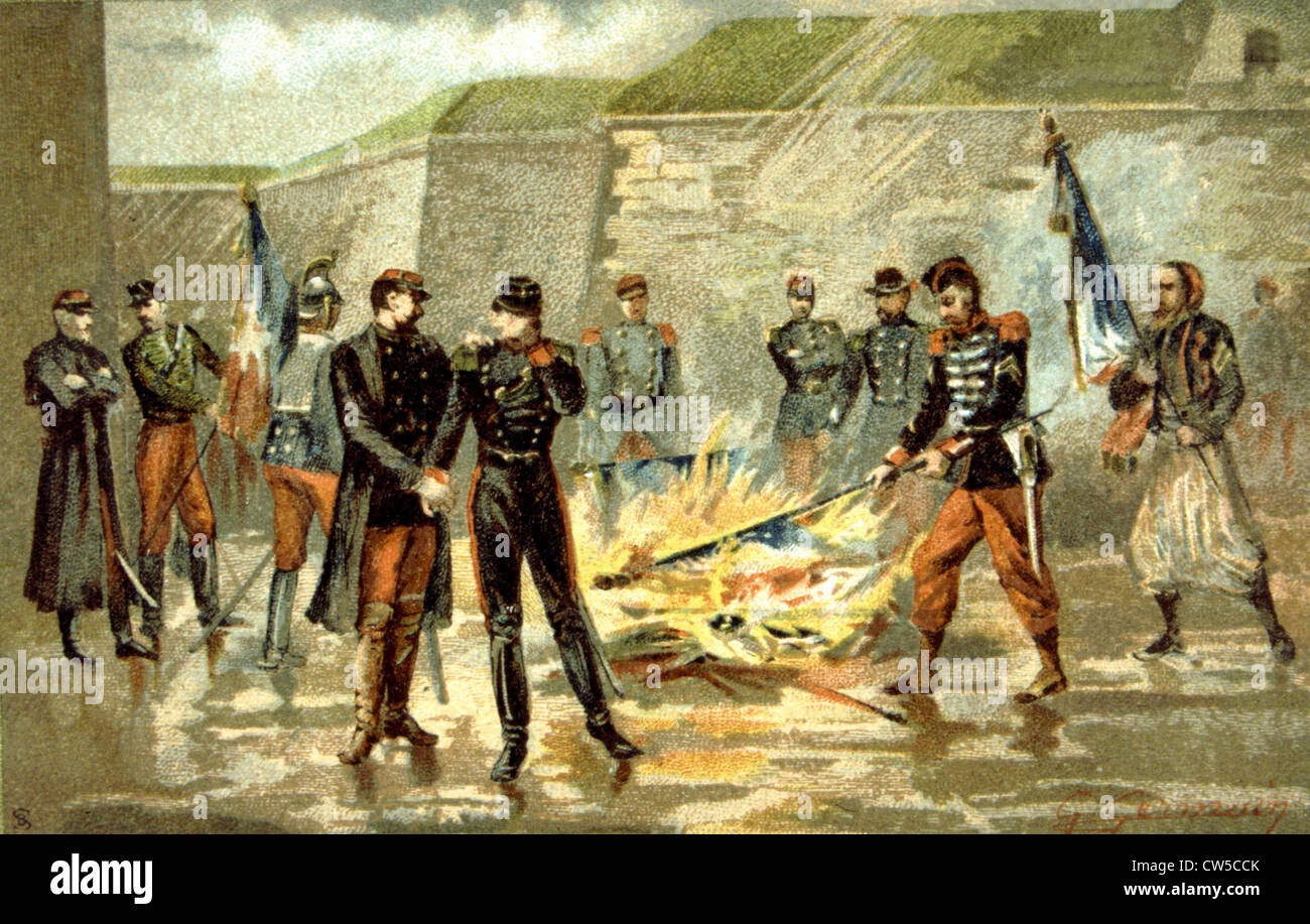 War of 1870, Surrender of Metz: Battle of Mercy-le-Haut - The army burning its flags Stock Photo