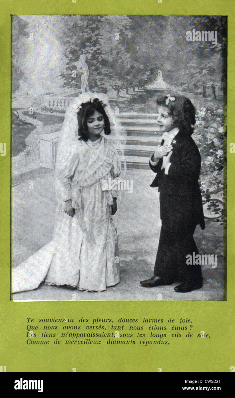 Children playing marriage, postcard Stock Photo