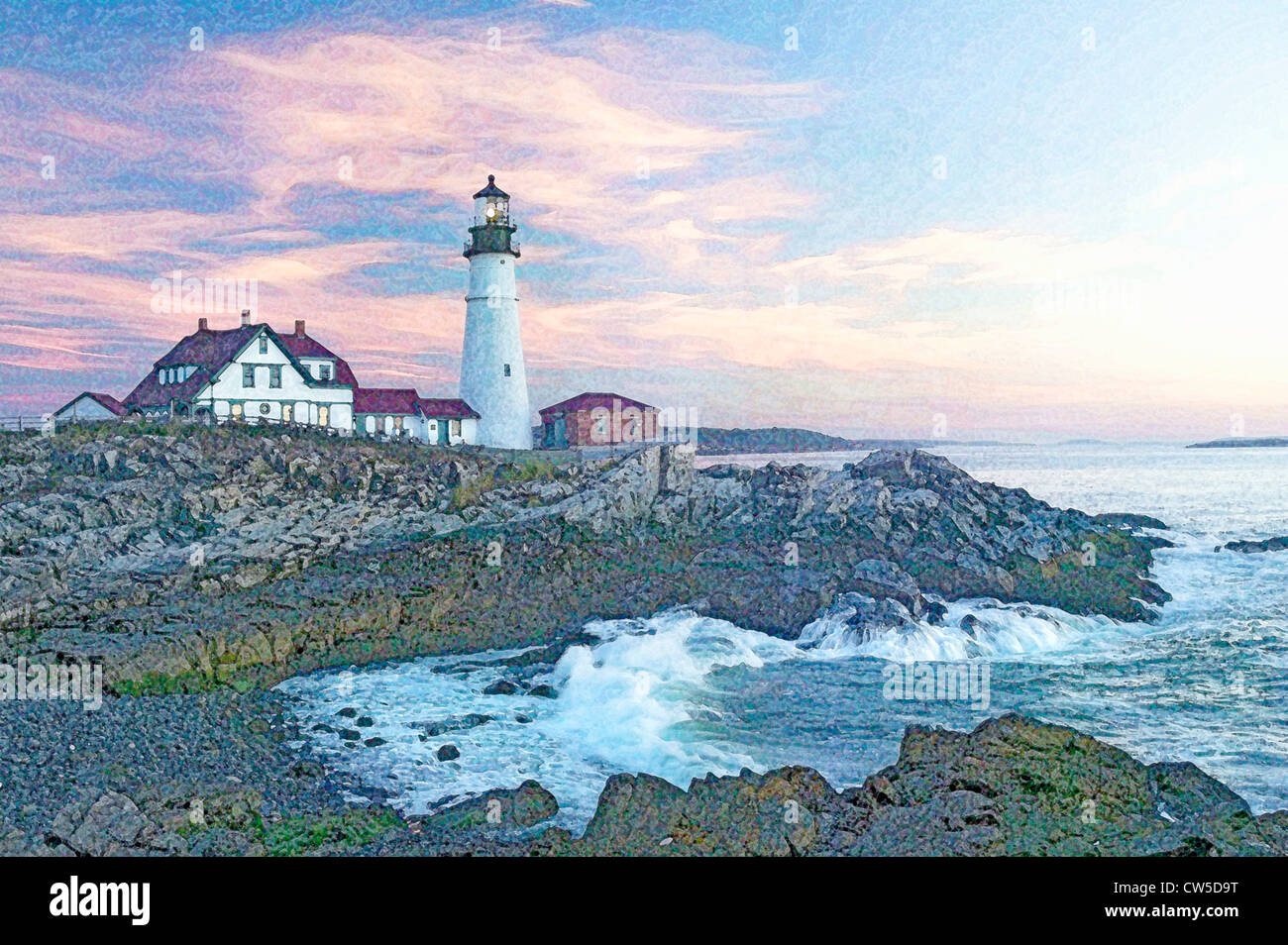 Digitally altered painterly sunrise view of Portland Head Lighthouse, Cape Elizabeth, Maine Stock Photo