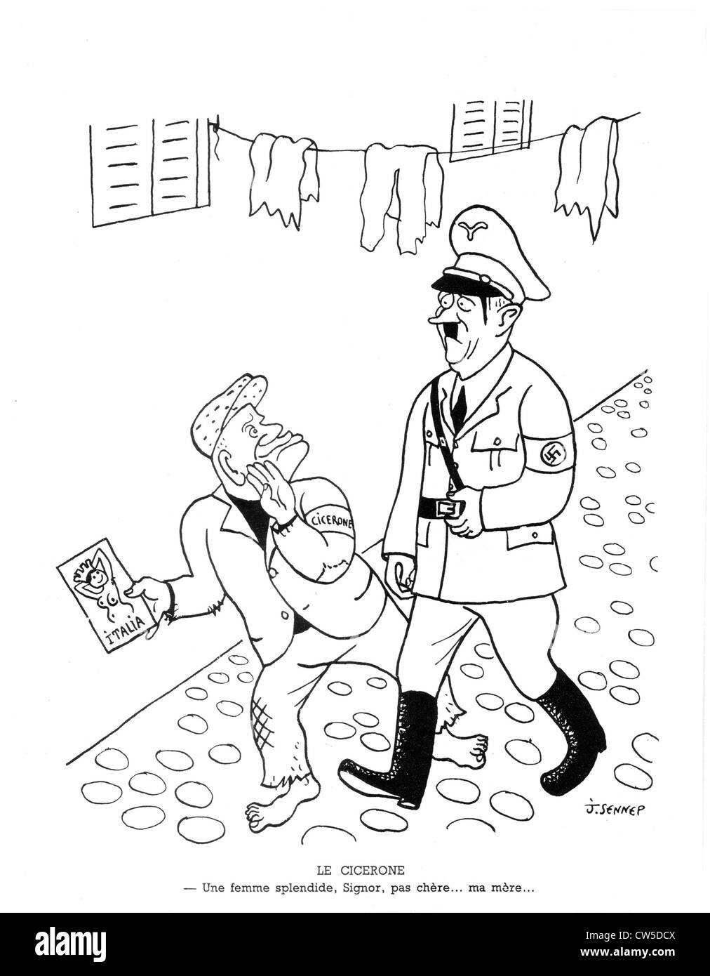 Satirical cartoon by Sennep. Hitler and Mussolini. in 'La guerre en chemise noire' ('war in black shirt') Stock Photo