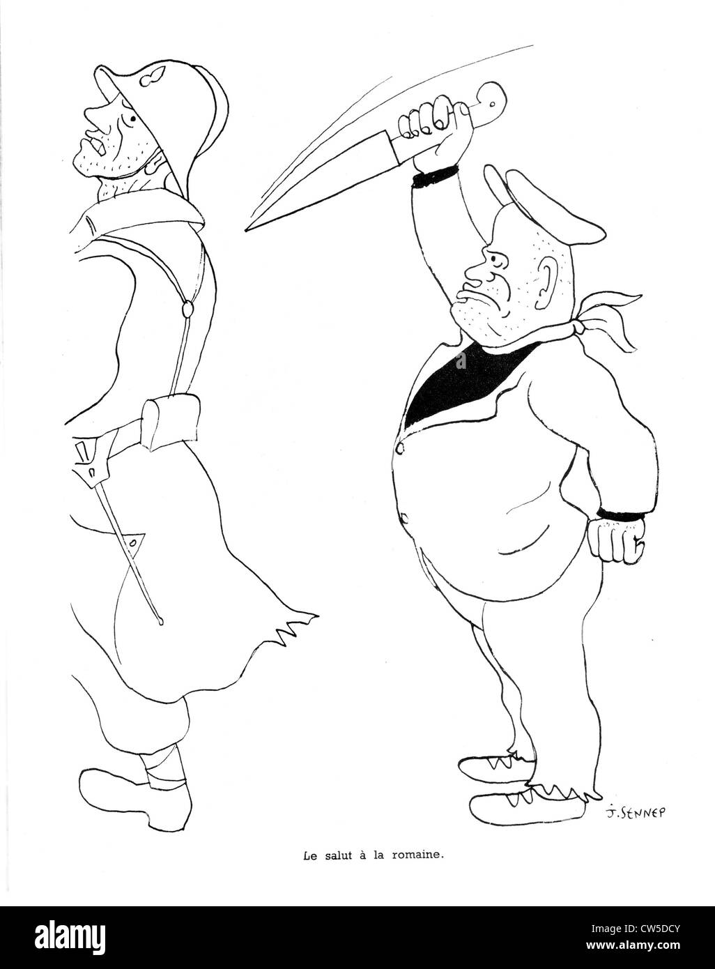 Satirical cartoon by Sennep about Mussolini. in "La guerre en chemise noire" ("war in black shirt") Stock Photo